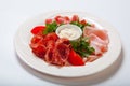 Cold smoked meat plate with prosciutto, salami, bacon, ham and sauce on a white plate. Royalty Free Stock Photo