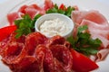 Cold smoked meat plate with prosciutto, salami, bacon, ham and sauce on a white plate. Royalty Free Stock Photo