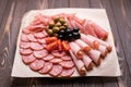 Cold smoked meat plate with sausage, sliced ham, prosciutto, bacon, olives, tomatoes. Appetizer on white plate. Royalty Free Stock Photo