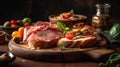 Cold smoked meat plate with sliced ham, prosciutto, and bacon, with fresh vegetables and herbs