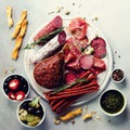 Cold smoked meat plate. Traditional italian antipasto, cutting board with salami, prosciutto, ham, pork chops, olives on Royalty Free Stock Photo