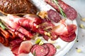 Cold smoked meat plate. Traditional italian antipasto, cutting board with salami, prosciutto, ham, pork chops, olives on grey Royalty Free Stock Photo