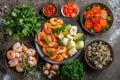 Cold Snacks Collection with Fresh Vegetables, Salted Fish, Baked Potato, Pickled Mushrooms and Shrimps Royalty Free Stock Photo