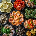 Cold Snacks Collection with Fresh Vegetables, Salted Fish, Baked Potato, Pickled Mushrooms and Shrimps Royalty Free Stock Photo