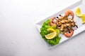 Cold snacks. Seafood, shrimp, mussels, squid, octopus. On a wooden background. Royalty Free Stock Photo