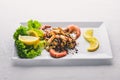 Cold snacks. Seafood, shrimp,On a wooden background. Top view. Free space Royalty Free Stock Photo