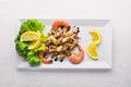 Cold snacks. Seafood, shrimp, mussels, squid, octopus. On a wooden background. Top view Royalty Free Stock Photo