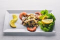 Cold snacks. Seafood, shrimp, . On a wooden background. Top view. Free space Royalty Free Stock Photo