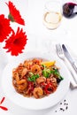 Cold Soba Buckwheat Noodle in white plate on table with wine