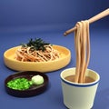 Cold soba noodles served with dipping sauce. 3d illustration