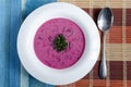 Cold soup of beetroot and vegetables with herbs on a white plate multicolor background with Royalty Free Stock Photo