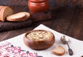 Cold Soup Okroshka in bowl and raw ingredients on wooden table Royalty Free Stock Photo