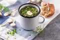 Cold Soup Okroshka in enamel cup and raw ingredients on grey stone table Royalty Free Stock Photo
