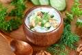 Cold soup Tarator with kefir in a wooden bowl