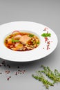 Cold soup of vegetables and smoked meat in a white plate on a gray background. Decor of basil, sea salt and red pepper. Royalty Free Stock Photo