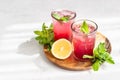 Cold sparkling hibiscus or karkade tea with lemon, mint and ice in glasses on a grey stone background. Summer drink, lemonade Royalty Free Stock Photo