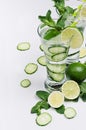 Cold spring drink with cucumber, pieces of lime, fresh leaves mint and ice cubes on soft white background, closeup.