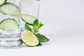 Cold spring drink with cucumber, pieces of lime, fresh leaves mint and ice on soft white background, closeup.