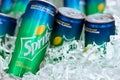 Cold sprite cans on the ice. Brand of soft drink, created by the Coca-Cola Company, Popular soft drink. 18.01.2019 Singapore