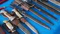 Cold steel weapons - Bayonets, dirks, daggers, stilettos,  cutlasses, hangers, collection. Cold weapons on display for sale Royalty Free Stock Photo