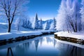 a cold stream of water gracefully coursing through a frozen forest