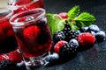 Cold summer berry tea with raspberries, blueberries, blackberrie