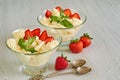 Cold summer dessert with sliced strawberries, cheese cream in the glass bowls on the gray kitchen table. Parfait with mint Royalty Free Stock Photo