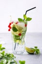 Cold summer drink, Sangria, Lemonade or Mojito with fresh Red currant lemon , lime mint leaves Royalty Free Stock Photo