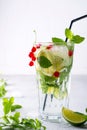 Cold summer drink, Sangria, Lemonade or Mojito with fresh Red currant lemon , lime mint leaves Royalty Free Stock Photo