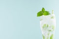 Cold summer healthy mint water with green leaves, ice cubes, soda, straw in misted glass on pastel green color background, closeup