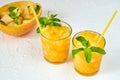Cold summer melon smoothie with fresh mint leaves. Melon juice in the glasses. Detox cocktail or healthy diet drink