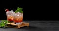 Cold summer strawberry iced cocktail mojito, margarita, daiquiri in two glasses with mint leaves on dark background Royalty Free Stock Photo