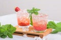 Cold summer strawberry iced cocktail mojito, margarita, daiquiri in two glasses with mint leaves on light background Royalty Free Stock Photo