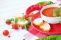 Cold summer tomato dish. Gaspacho soup with toast. Royalty Free Stock Photo