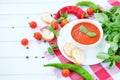 Cold summer tomato dish. Gaspacho soup with toast. Royalty Free Stock Photo