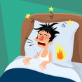 Cold symptoms - vector illustration in flat style. Poster with man who feel feverish chills cough sore throat. Cartoon