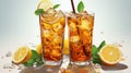 Cold tea with ice and lemon sweet cooling refreshing drink in a glass