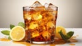 Cold tea with ice and lemon sweet cooling refreshing drink in a glass