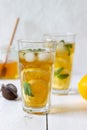 Cold tea with lemon and mint. A summer drink. Healthy eating. Vegetarian food. Diet Royalty Free Stock Photo