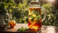 Cold tea with lemon and mint on the table in glass sweet