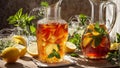 Cold tea with lemon and mint on the table in glass sweet refreshment