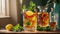Cold tea with lemon and mint on the table in glass sweet gourmet aromatic