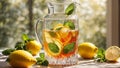 Cold tea with lemon and mint on the table in glass sweet gourmet rustic