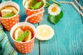 Cold tea with lemon slices and mint on blue wooden background. Royalty Free Stock Photo