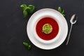 Cold tomato soup gazpacho with avocado top view