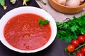 Cold tomato soup gazpacho in a round white plate Royalty Free Stock Photo