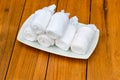 Cold towels, welcome in the hotel. Wet welcoming refreshing towels at the eastern restaurant. Welcome, guest, hygiene, tradition c