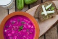 Cold traditional lithuanian vegetable summer soup made of beetroot, cucumber, dill, green onion, and sour cream kefir Royalty Free Stock Photo