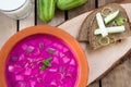 Cold traditional lithuanian vegetable summer soup made of beetroot, cucumber, dill, green onion, and sour cream kefir Royalty Free Stock Photo