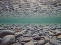 Cold underwater river bed with perfect reflection on surface tension